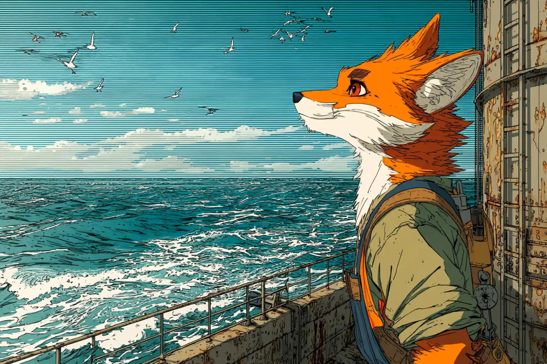 Illustration of a fox in work clothes on an offshore platform looking out over the sea with gulls overhead