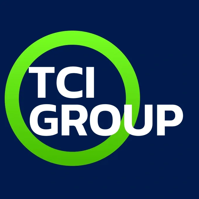 TCI Group logo: white “TCI GROUP” wordmark inside a bright green ring on deep navy
