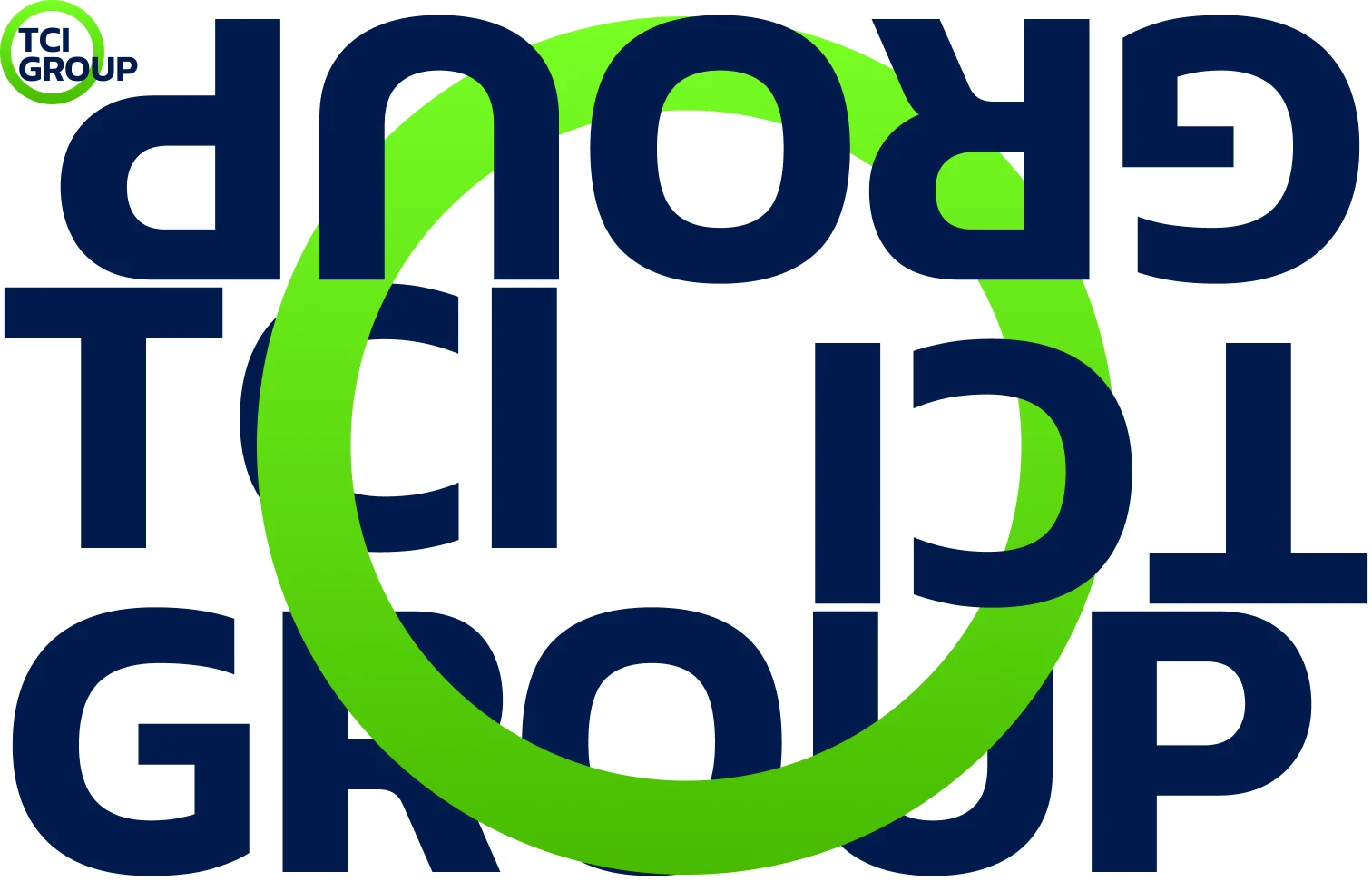 TCI Group wordmark tiled into a pattern with the green ring overlaid